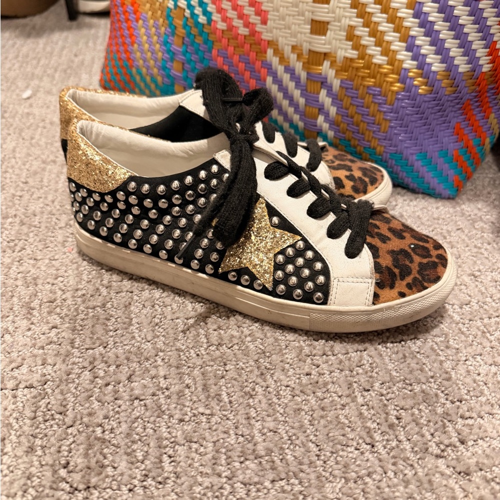 Kids Leopard & Studded Black Low-Top Sneakers with Gold Star